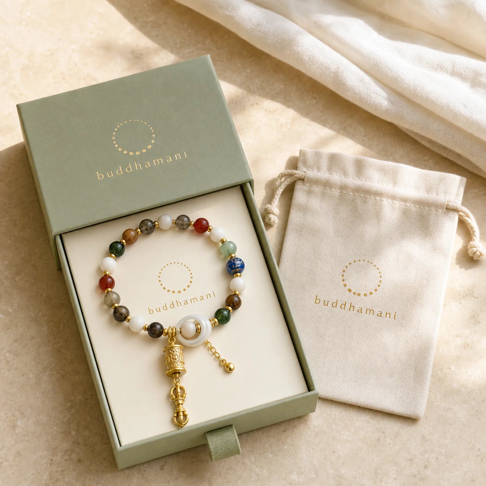 Tibetan Incense Ash Liuli Glass Tridacna Stone Sun Stone Om Mani Padme Hum Prayer Wheel Charm Bracelet featuring Tridacna Stone, Sun Stone, Om Mani Padme Hum