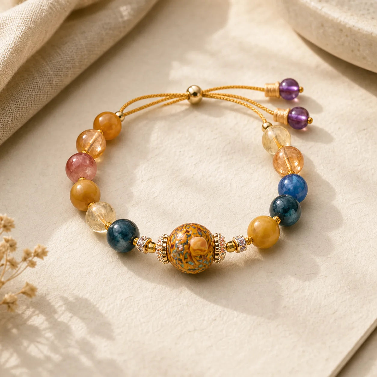 Tibetan Lacquer Bead Hand-woven Various Crystals Power Bracelet featuring Tiger Eye, Amethyst, Citrine