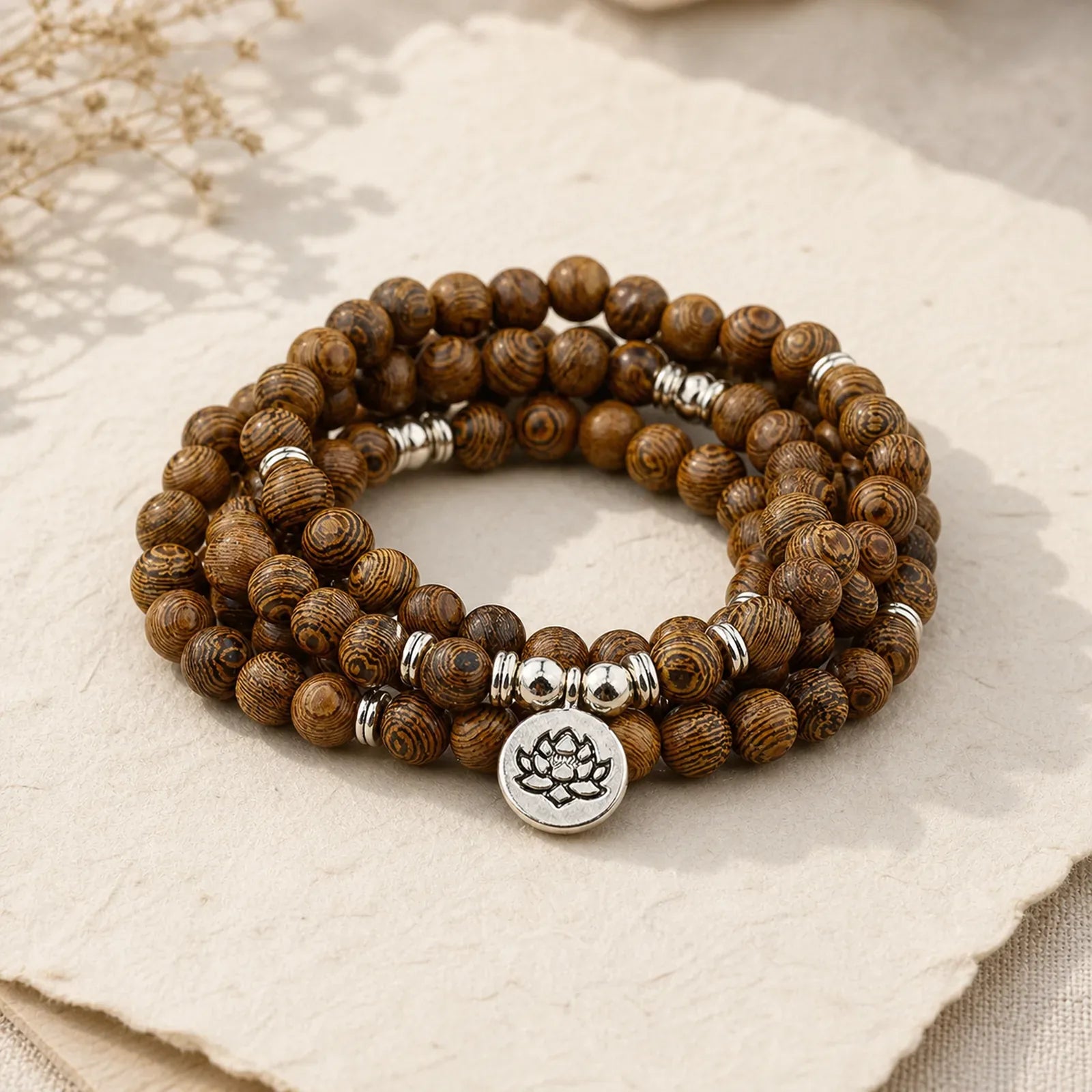 Tibetan Lightning Strike Wood Bracelet Lotus Buddha Mala featuring Lightning Strike Wood, Lotus, Lotus Symbol