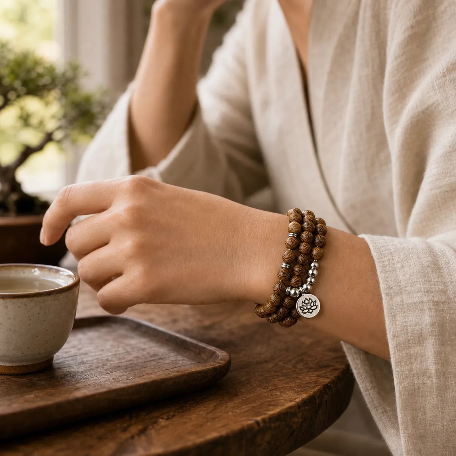 Tibetan Lightning Strike Wood Bracelet Lotus Buddha Mala featuring Lightning Strike Wood, Lotus, Lotus Symbol