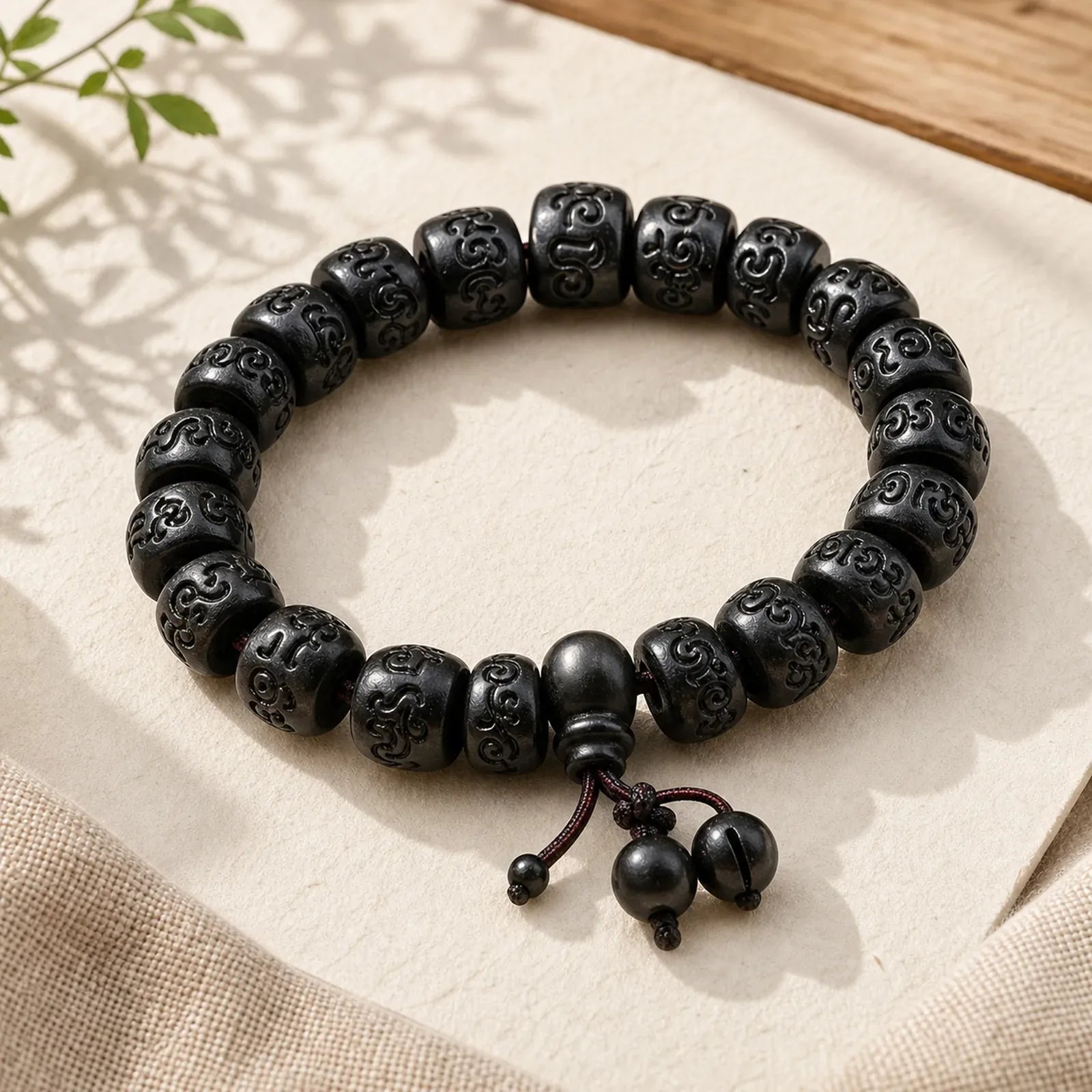 Tibetan Lightning Strike Wood Protection Bracelet featuring Lightning Strike Wood, Om Mani Padme Hum, Om