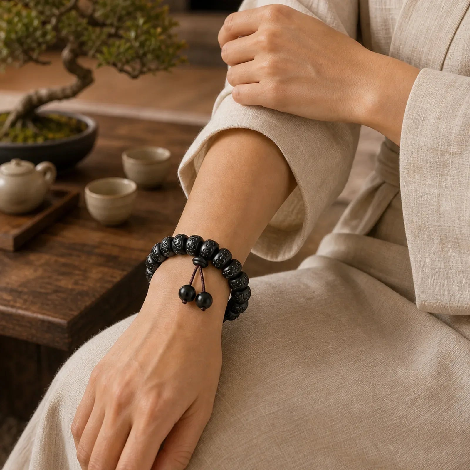 Tibetan Lightning Strike Wood Protection Bracelet featuring Lightning Strike Wood, Om Mani Padme Hum, Om