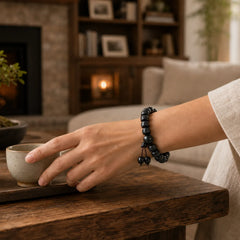 Tibetan Lightning Strike Wood Protection Bracelet featuring Lightning Strike Wood, Om Mani Padme Hum, Om
