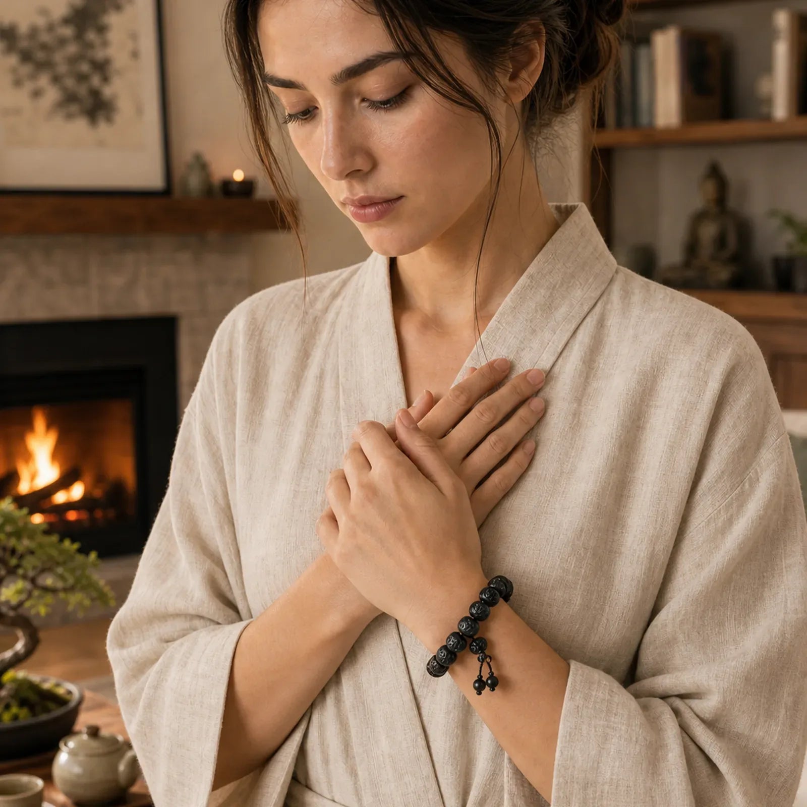 Tibetan Lightning Strike Wood Protection Bracelet featuring Lightning Strike Wood, Om Mani Padme Hum, Om
