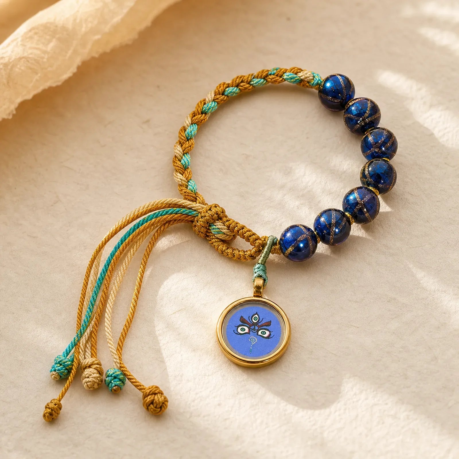 Tibetan Liuli Glass Bead Five Directions Gods Of Wealth Buddha Eye Blessing String Bracelet featuring Five Elements, Titanium Steel