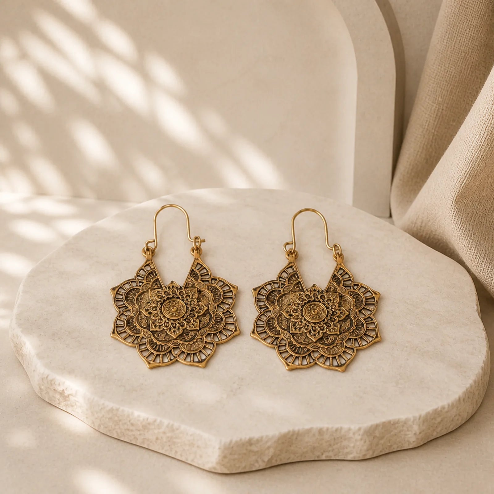 Tibetan Lotus Engraving Copper Blessing Drop Earrings featuring Lotus, Copper, Lotus Symbol