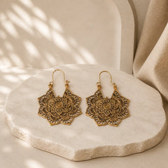 Tibetan Lotus Engraving Copper Blessing Drop Earrings featuring Lotus, Copper, Lotus Symbol