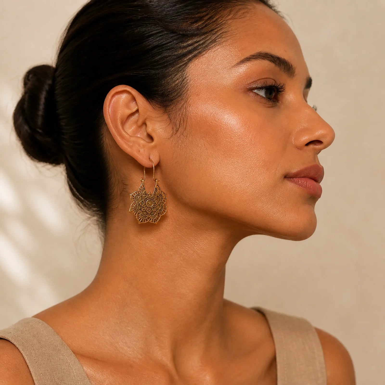 Tibetan Lotus Engraving Copper Blessing Drop Earrings featuring Lotus, Copper, Lotus Symbol