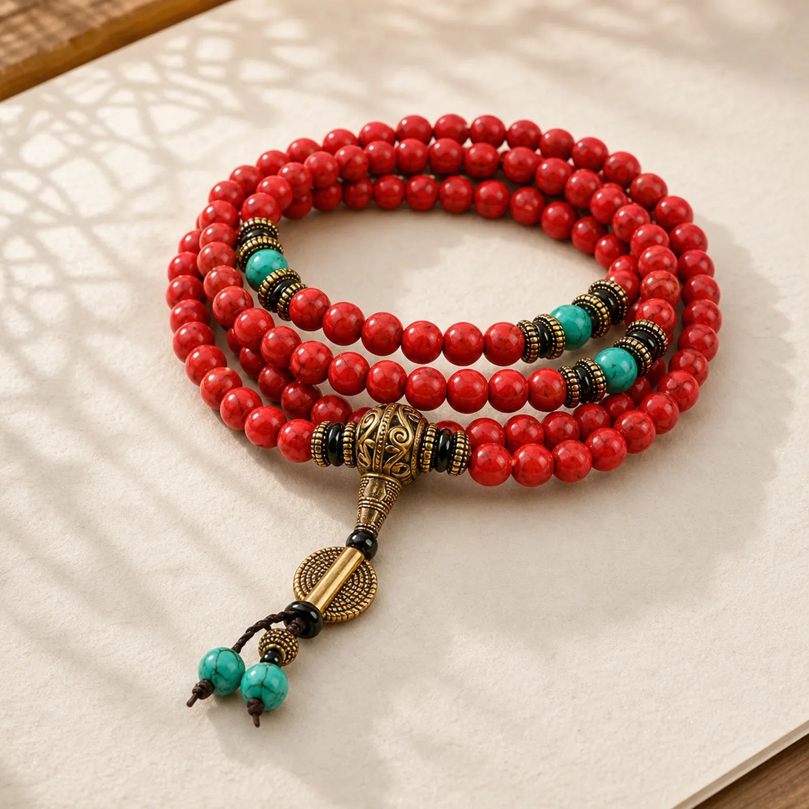 Tibetan Mala Red Turquoise Lucky Necklace Bracelet featuring Red Turquoise, Turquoise