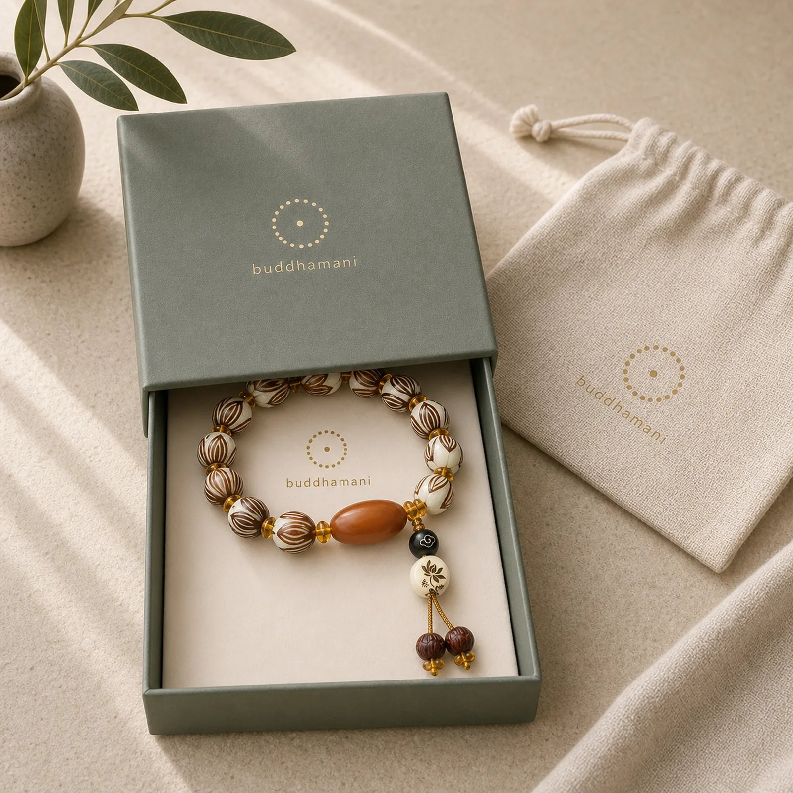 Tibetan Mala White Bodhi Seed Peace Bracelet featuring Bodhi Seed, Lotus Symbol, Lotus