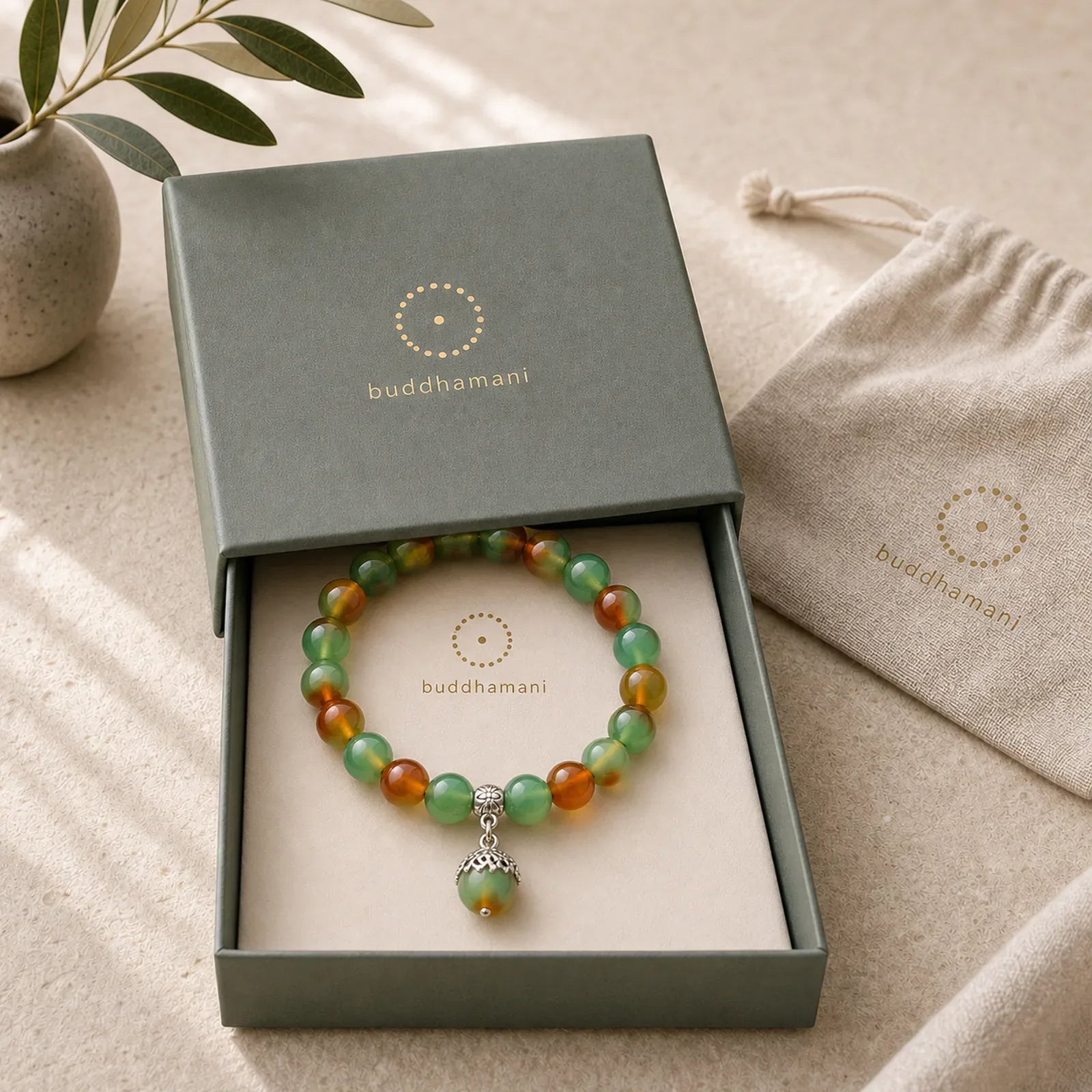 Tibetan Natural Green Agate Healing Bracelet featuring Green Agate