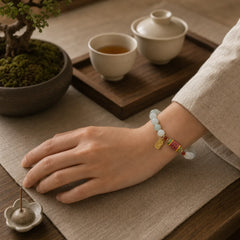 Tibetan Natural Jade Fu Character Prayer Wheel Prosperity Abundance Bracelet featuring Jade, Fu Character, Red String