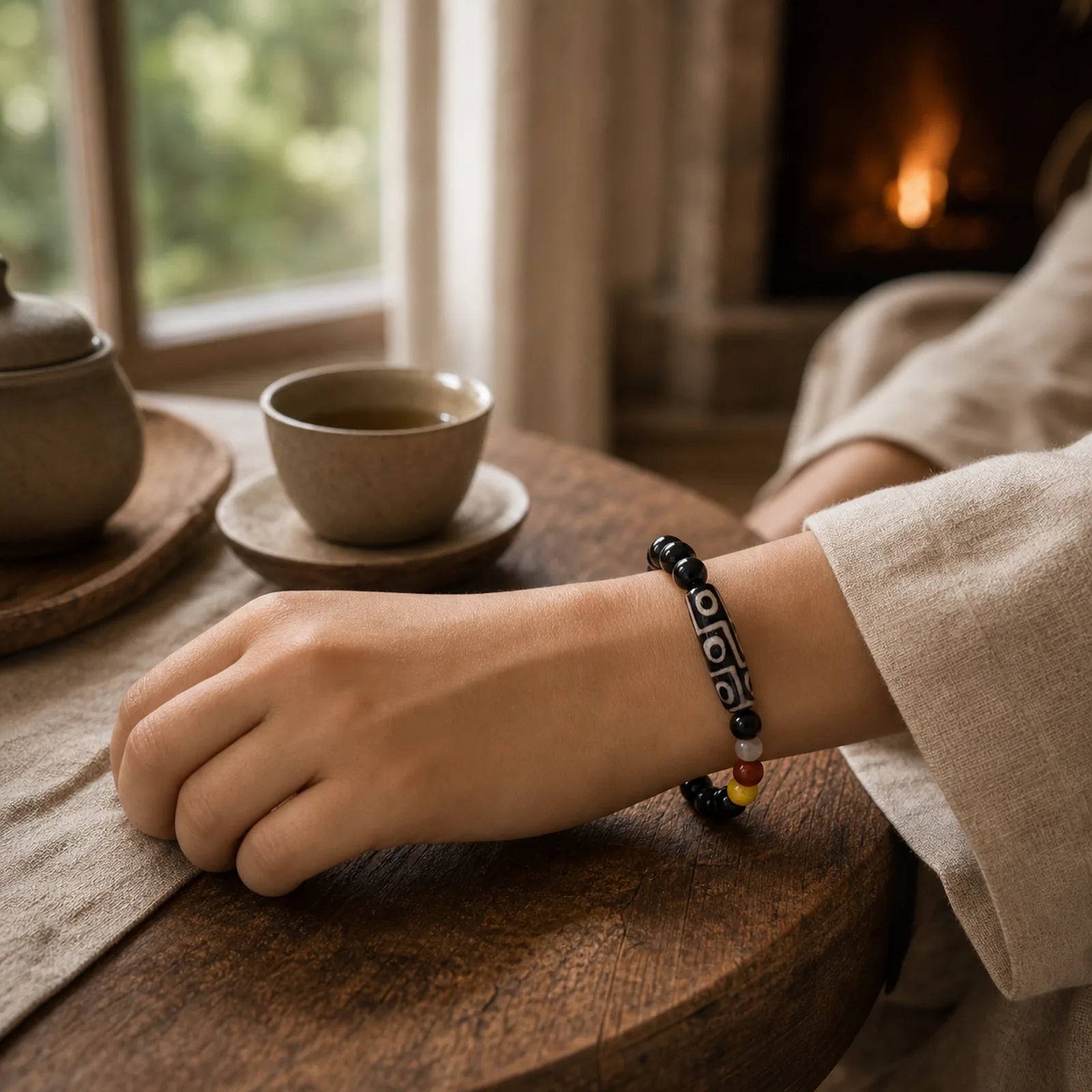 Tibetan Natural Nine-Eye Dzi Bead Wealth Power Bracelet featuring Nine-Eye Dzi Bead, Dzi Bead