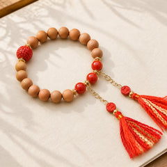 Tibetan Natural Peach Wood Cinnabar PiXiu Wealth Tassels Bracelet featuring Peach Wood, Cinnabar, Pixiu