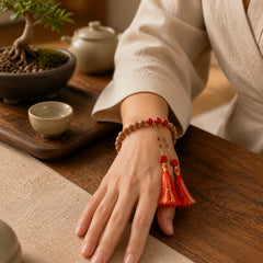 Tibetan Natural Peach Wood Cinnabar PiXiu Wealth Tassels Bracelet featuring Peach Wood, Cinnabar, Pixiu