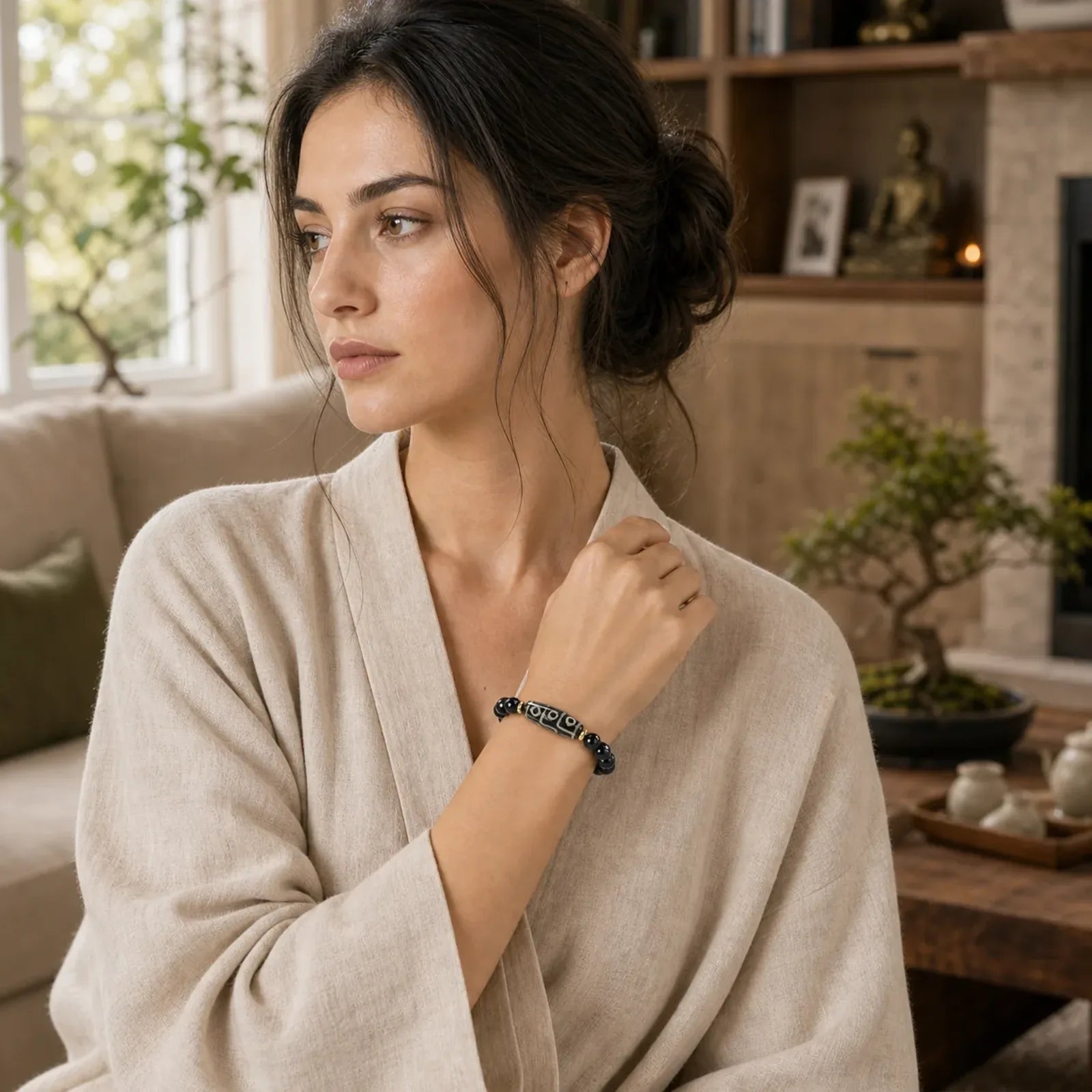 Tibetan Nine-Eye Dzi Bead Black Onyx Power Bracelet featuring Nine-Eye Dzi Bead, Dzi Bead, Black Onyx