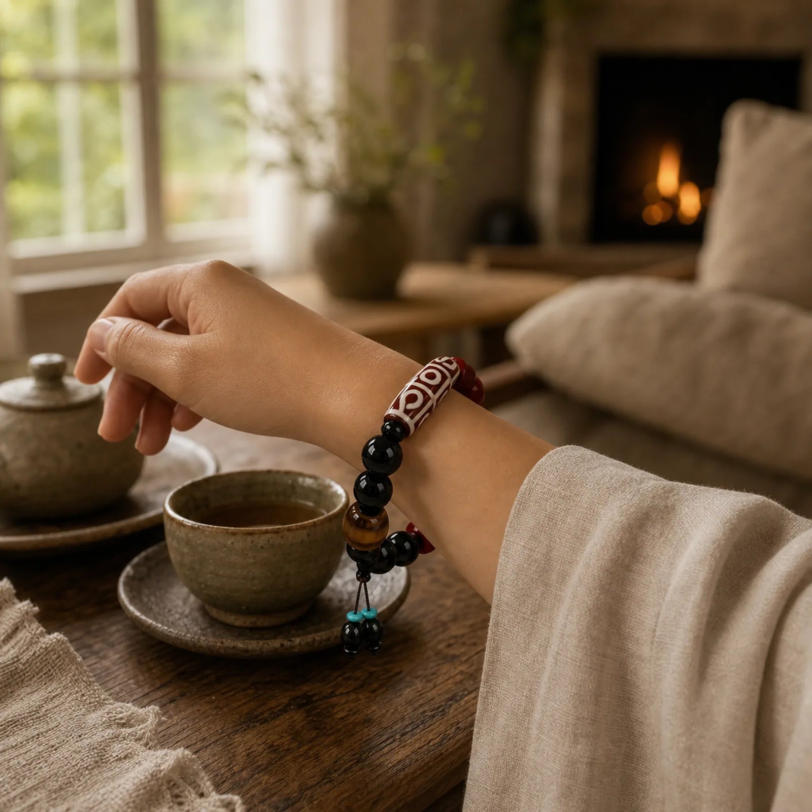 Tibetan Nine-Eye Dzi Bead Black Onyx Wealth Protection Bracelet featuring Nine-Eye Dzi Bead, Dzi Bead, Black Onyx