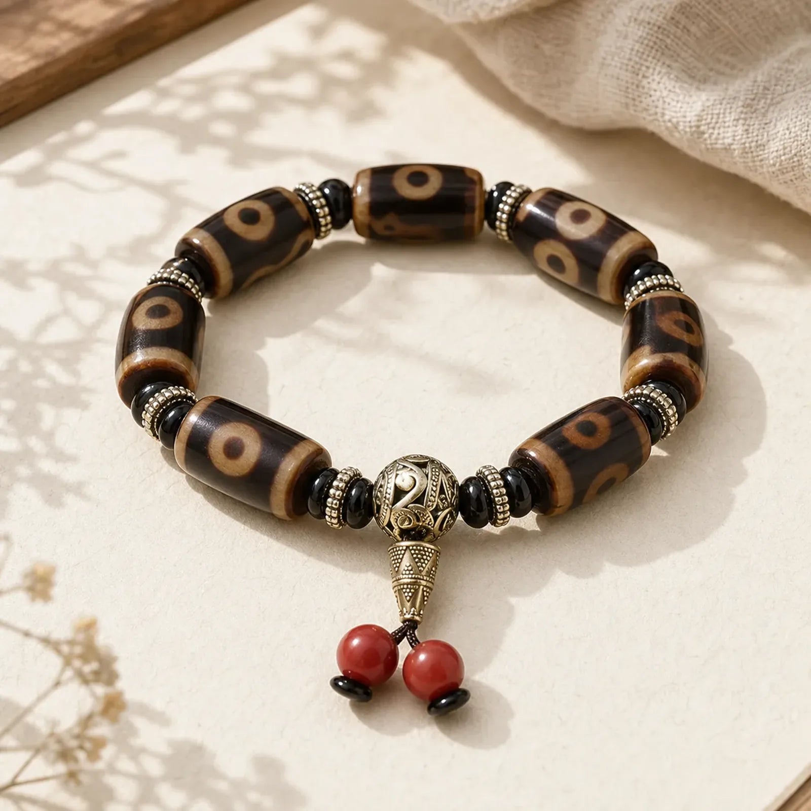 Tibetan Nine-Eye Dzi Bead Fortune Charm Bracelet featuring Nine-Eye Dzi Bead, Dzi Bead