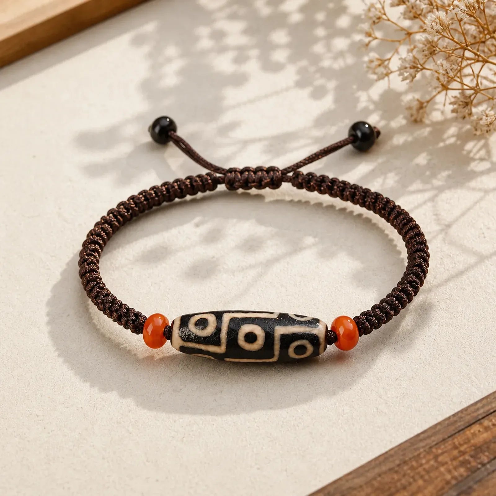 Tibetan Nine-Eye Dzi Bead Prosperity String Bracelet featuring Nine-Eye Dzi Bead, Dzi Bead