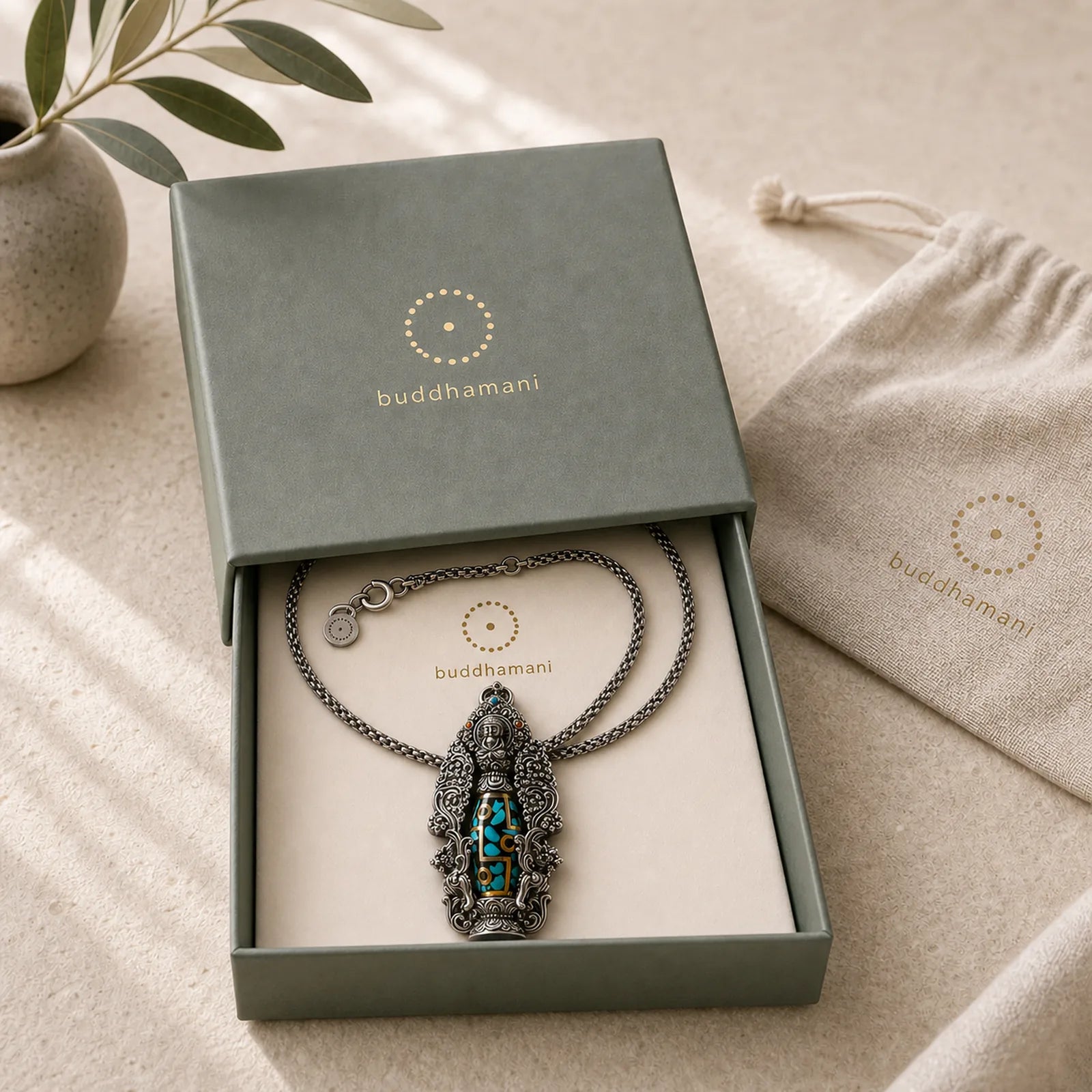 Tibetan Nine-Eye Dzi Bead Turquoise Buddha Wealth Rotation Necklace (Extra 30% Off | USE CODE: FS30) featuring Nine-Eye Dzi Bead, Dzi Bead, Turquoise