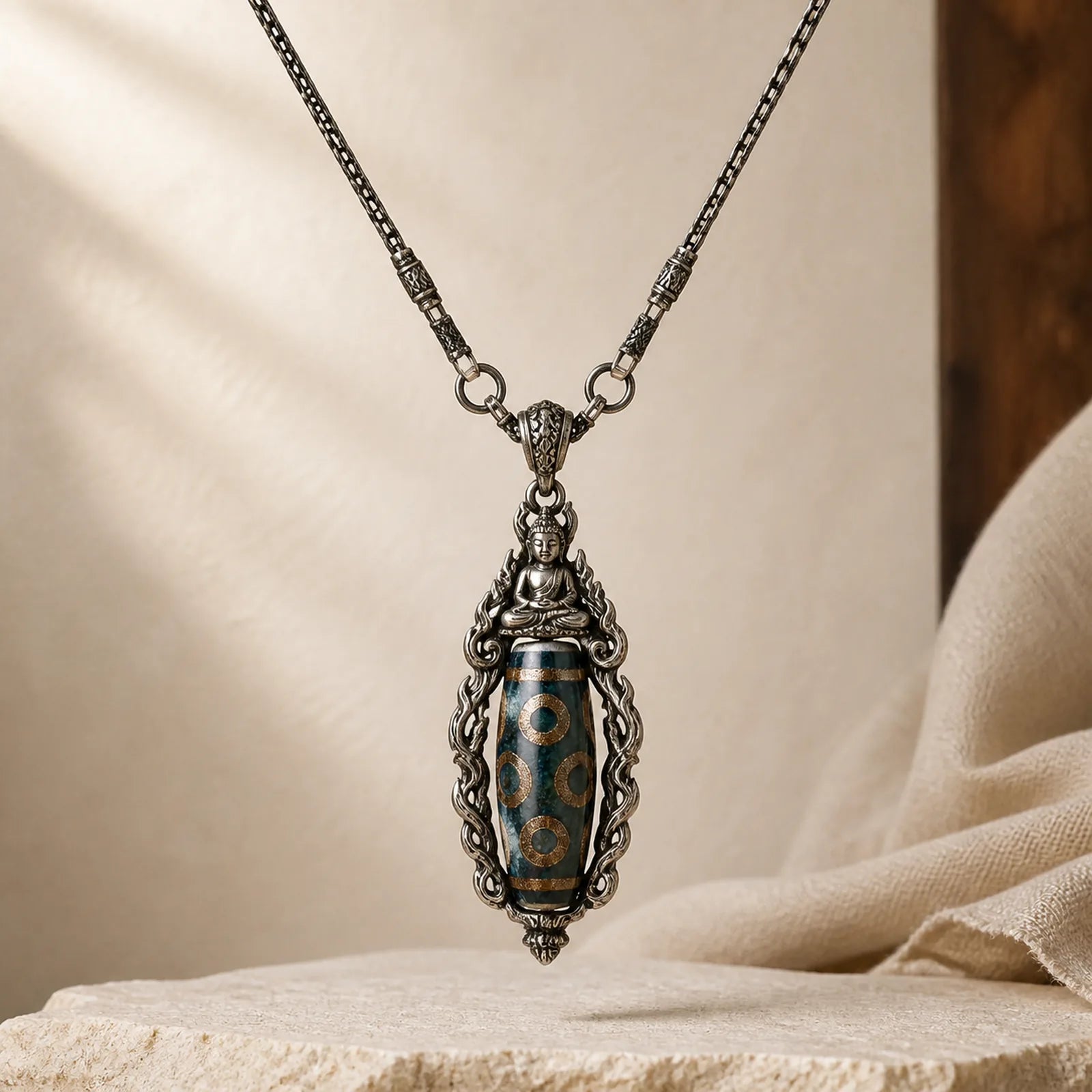 Tibetan Nine-Eye Dzi Bead Turquoise Buddha Wealth Rotation Necklace (Extra 30% Off | USE CODE: FS30) featuring Nine-Eye Dzi Bead, Dzi Bead, Turquoise
