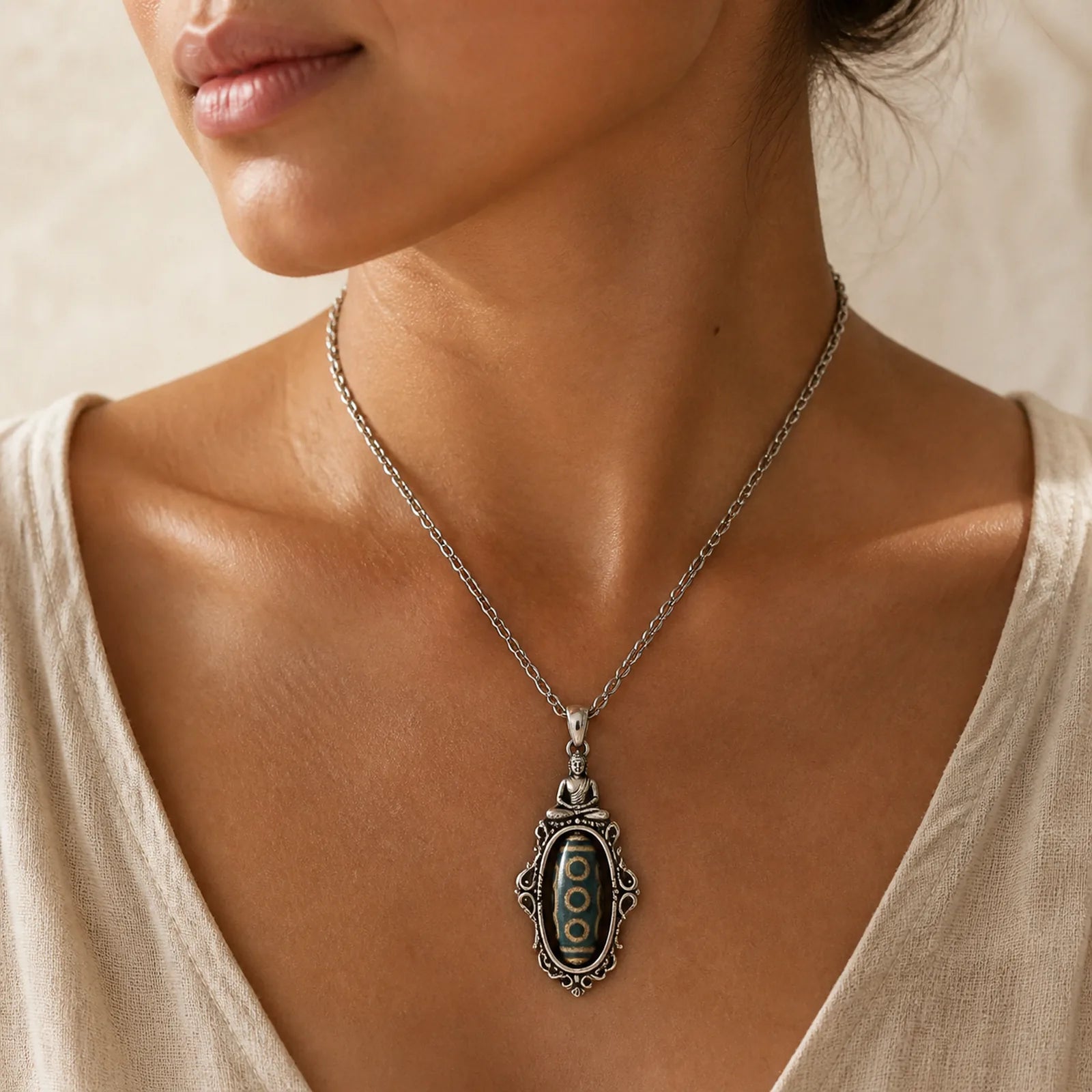 Tibetan Nine-Eye Dzi Bead Turquoise Buddha Wealth Rotation Necklace (Extra 30% Off | USE CODE: FS30) featuring Nine-Eye Dzi Bead, Dzi Bead, Turquoise