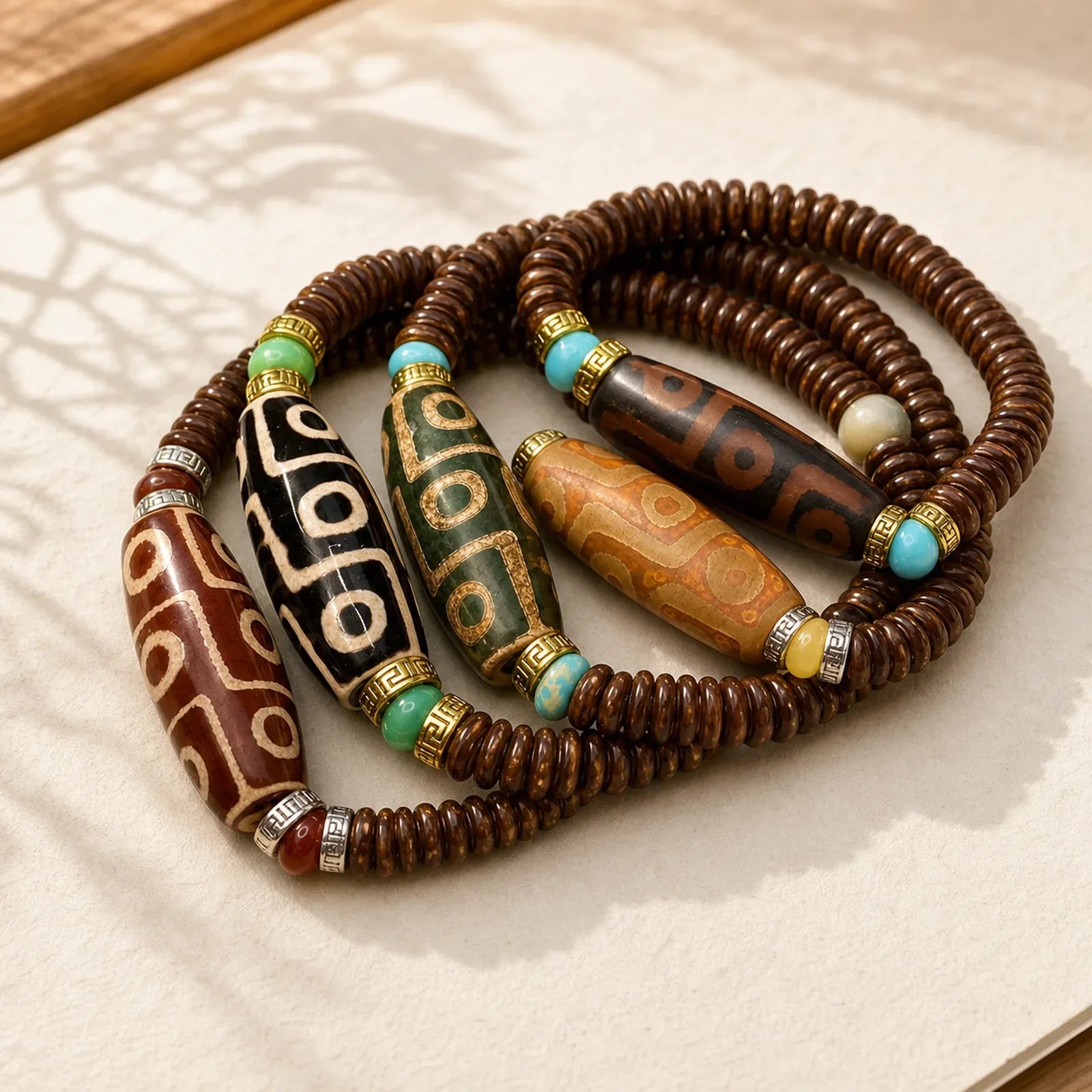 Tibetan Nine-Eye Dzi Bead Wealth Bracelet featuring Nine-Eye Dzi Bead, Dzi Bead