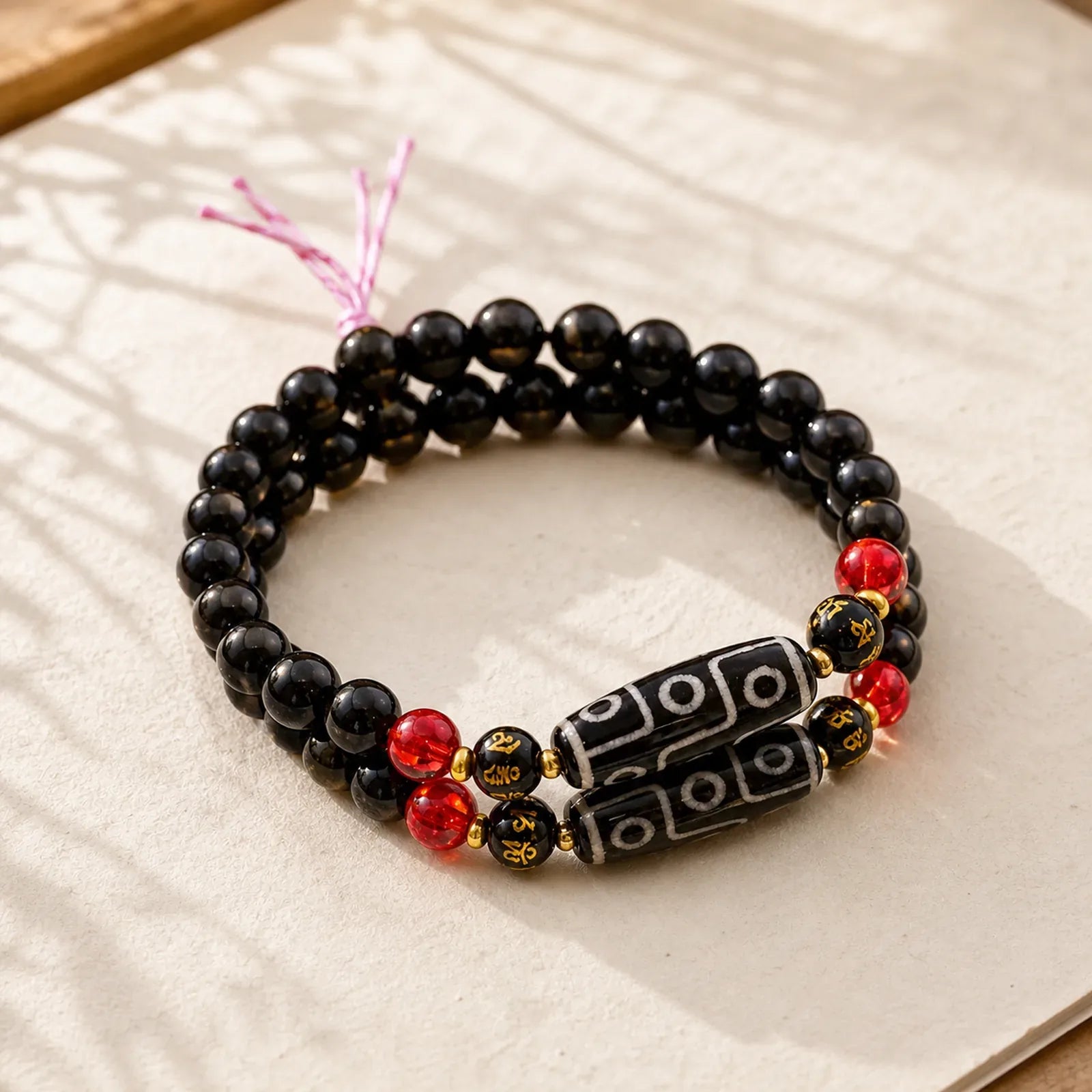 Tibetan Nine-eye Dzi Bead Black Onyx Six True Words Wealth Protection Bracelet featuring Nine-Eye Dzi Bead, Dzi Bead, Black Onyx
