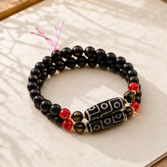 Tibetan Nine-eye Dzi Bead Black Onyx Six True Words Wealth Protection Bracelet featuring Nine-Eye Dzi Bead, Dzi Bead, Black Onyx