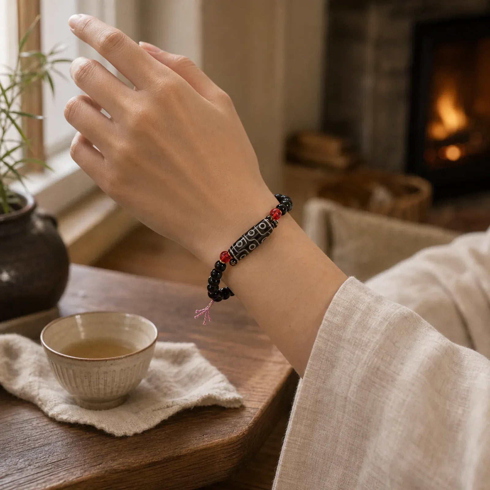 Tibetan Nine-eye Dzi Bead Black Onyx Six True Words Wealth Protection Bracelet featuring Nine-Eye Dzi Bead, Dzi Bead, Black Onyx