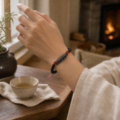 Tibetan Nine-eye Dzi Bead Black Onyx Six True Words Wealth Protection Bracelet featuring Nine-Eye Dzi Bead, Dzi Bead, Black Onyx