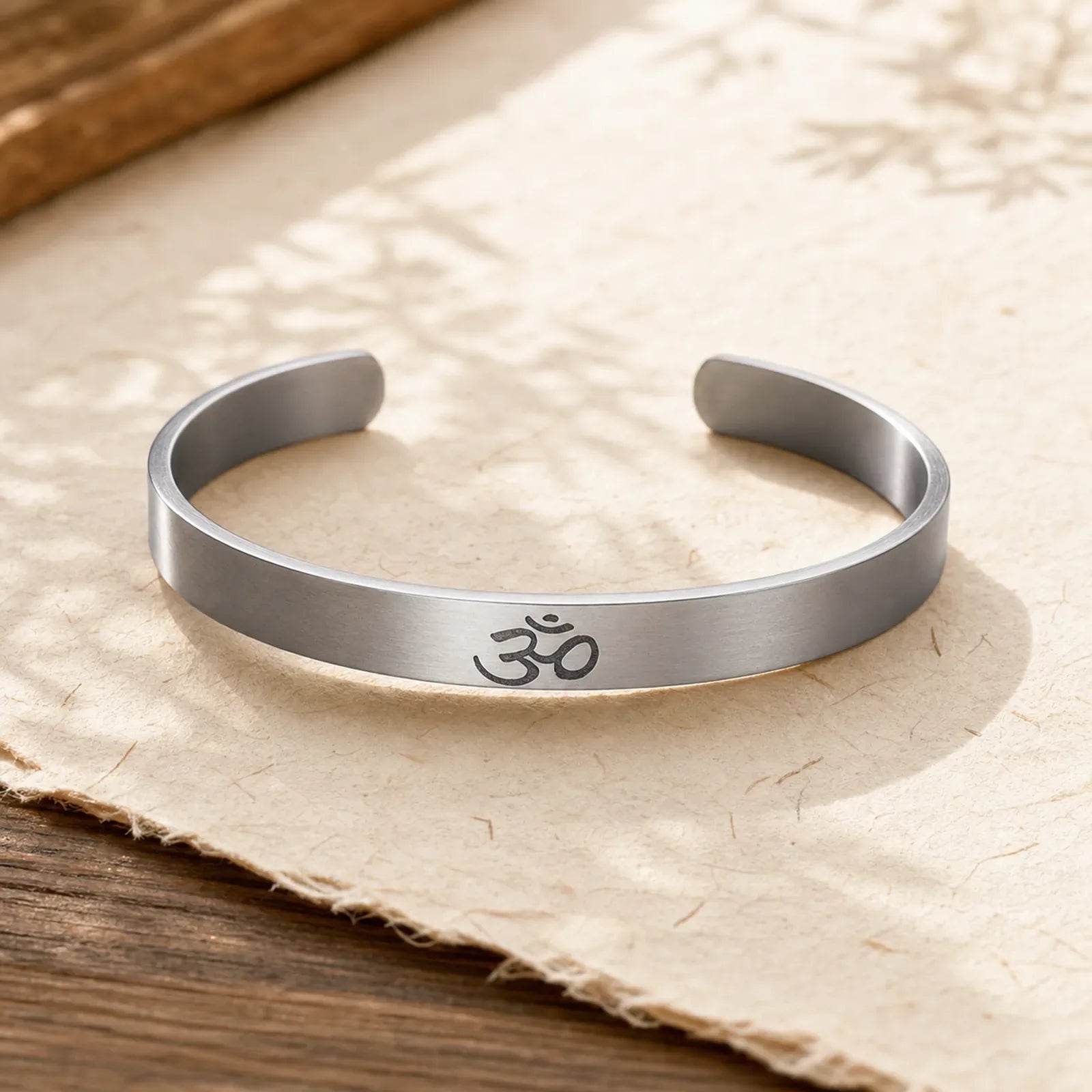 Tibetan OM Symbol Mindfulness Cuff Bracelet Bangle featuring Om Symbol, Om, Titanium Steel