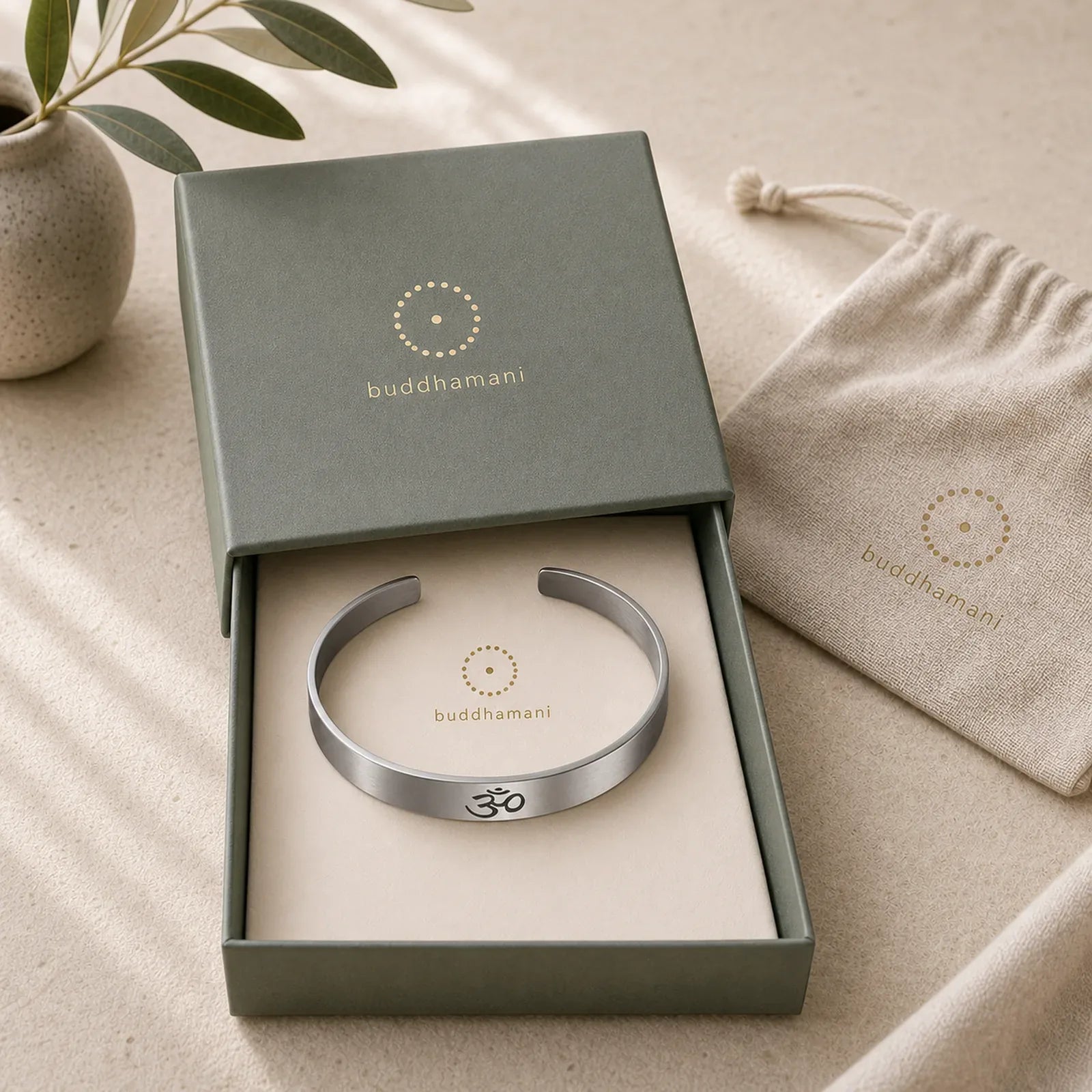 Tibetan OM Symbol Mindfulness Cuff Bracelet Bangle featuring Om Symbol, Om, Titanium Steel
