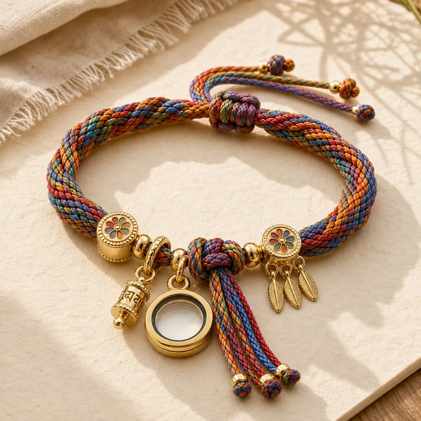 Tibetan Om Mani Padme Hum Dreamcatcher Luck Colorful Reincarnation Knot String Bracelet featuring Om Mani Padme Hum, Om, Red String