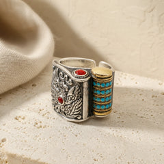 Tibetan Om Mani Padme Hum Garuda Dzi Bead Pattern Peace Rotatable Ring featuring Om Mani Padme Hum, Om, Garuda