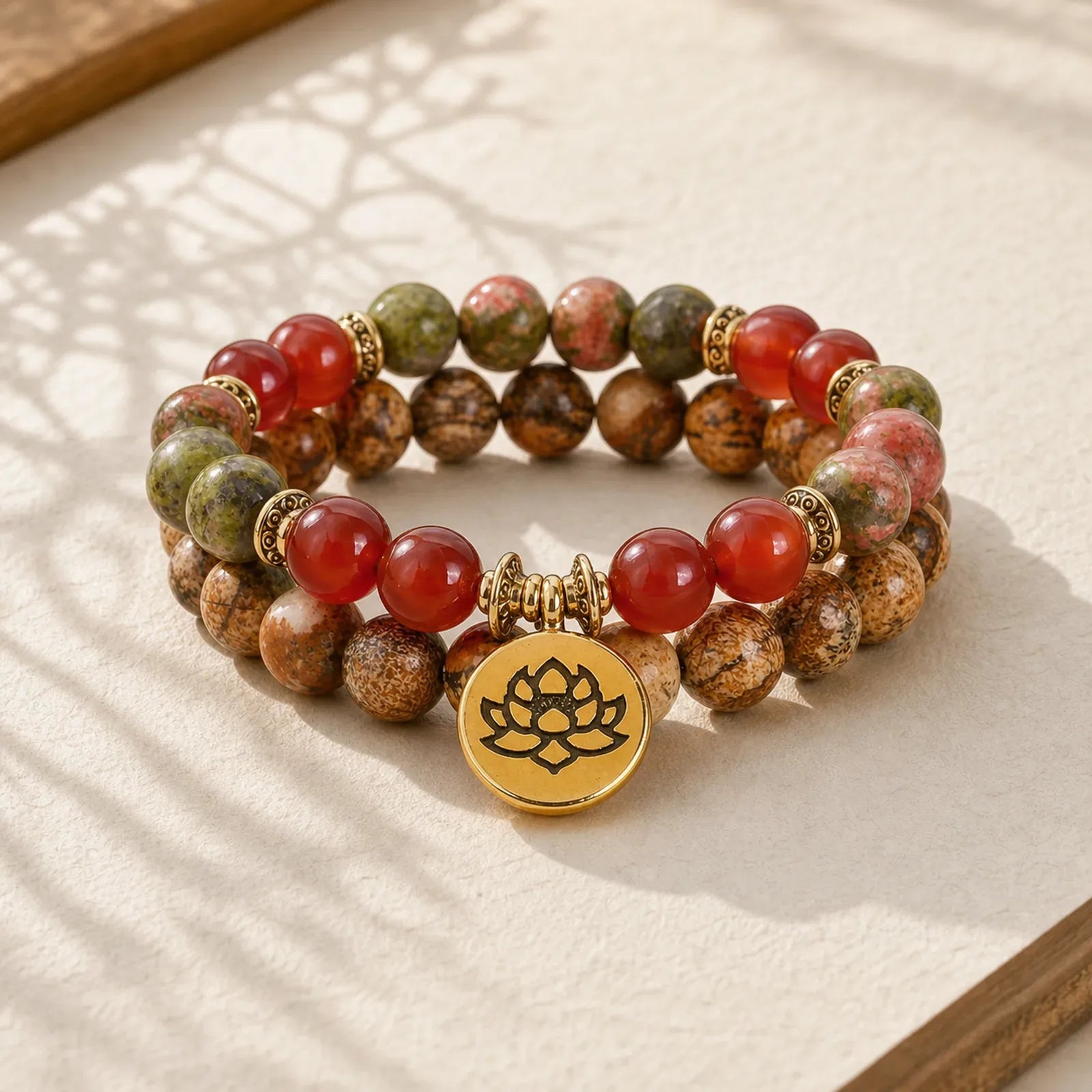 Tibetan Picture Jasper Positive Lotus Bracelet Set (Extra 35% Off | USE CODE: FS35) featuring Picture Jasper, Lotus, Red Agate