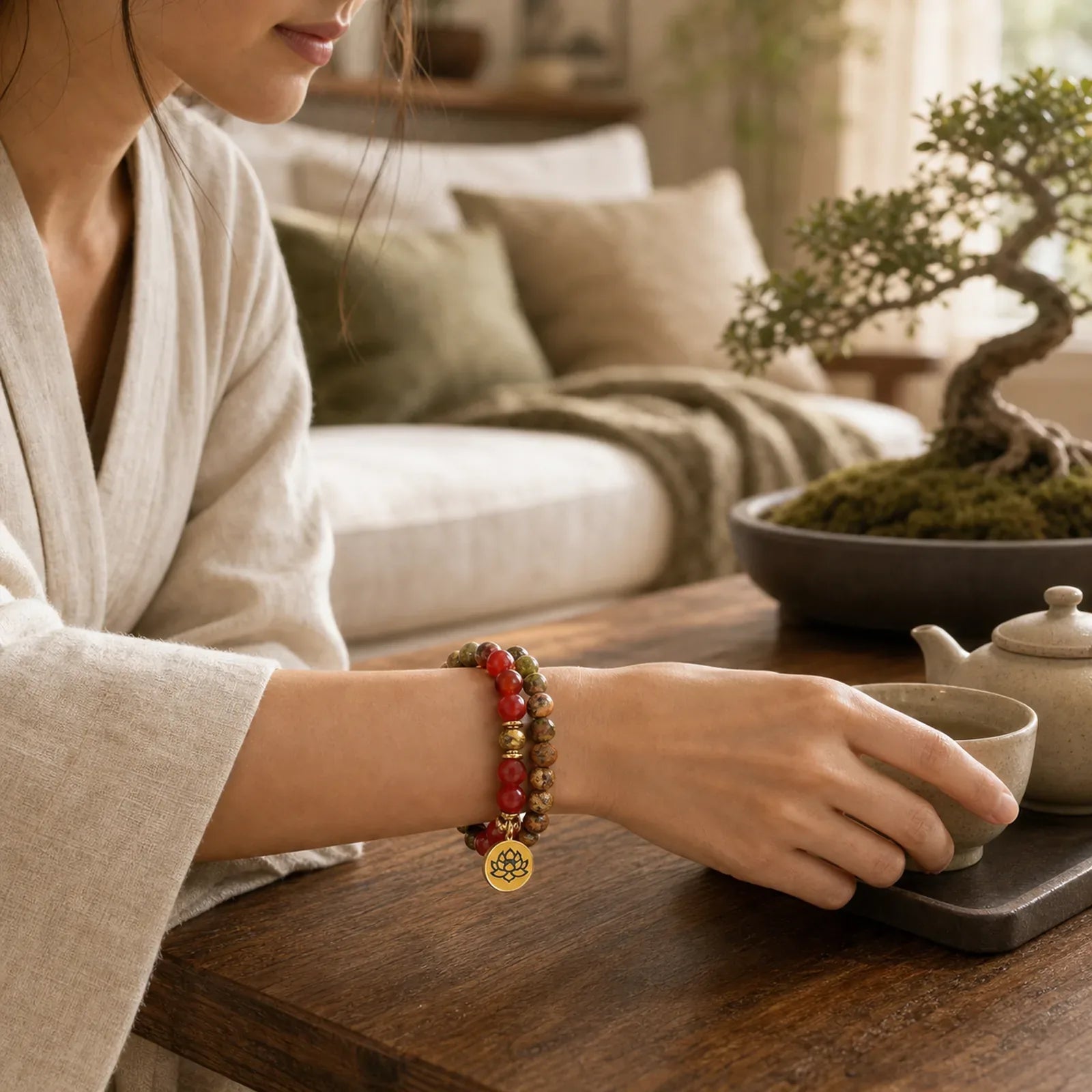 Tibetan Picture Jasper Positive Lotus Bracelet Set (Extra 35% Off | USE CODE: FS35) featuring Picture Jasper, Lotus, Red Agate