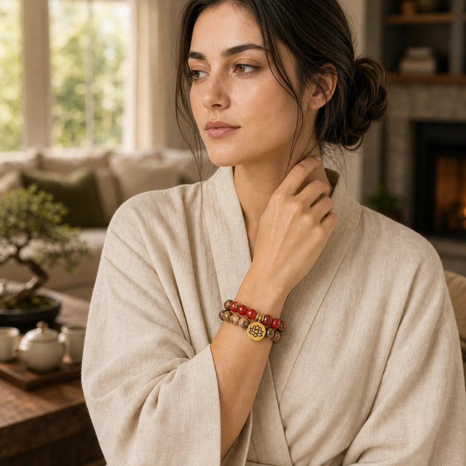 Tibetan Picture Jasper Positive Lotus Bracelet Set (Extra 35% Off | USE CODE: FS35) featuring Picture Jasper, Lotus, Red Agate
