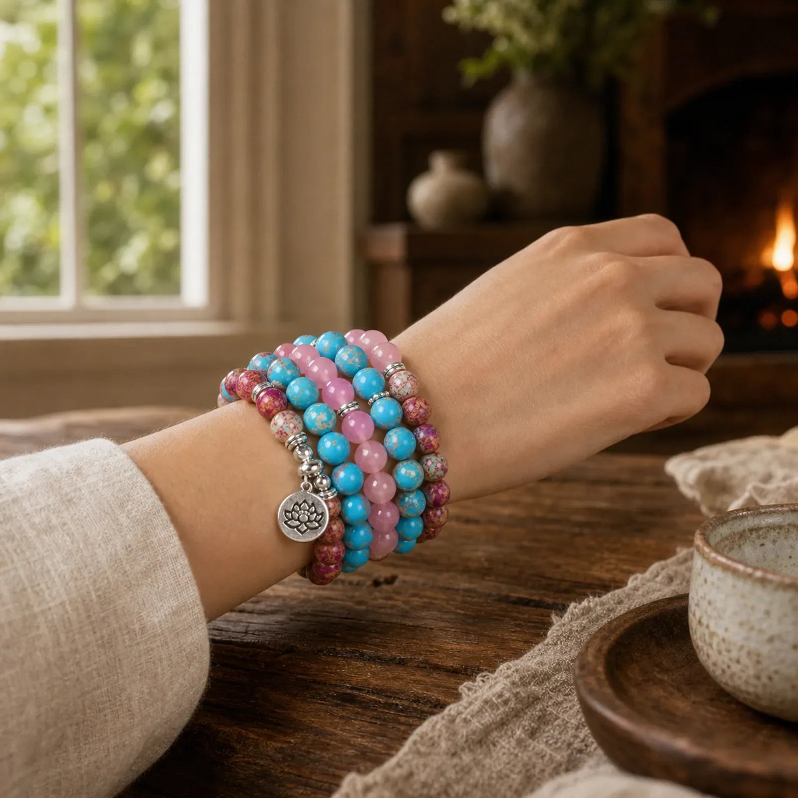 Tibetan Purple Miano Real Bead Harmony Lotus Mala featuring Miano Real, Lotus, Pink Crystal