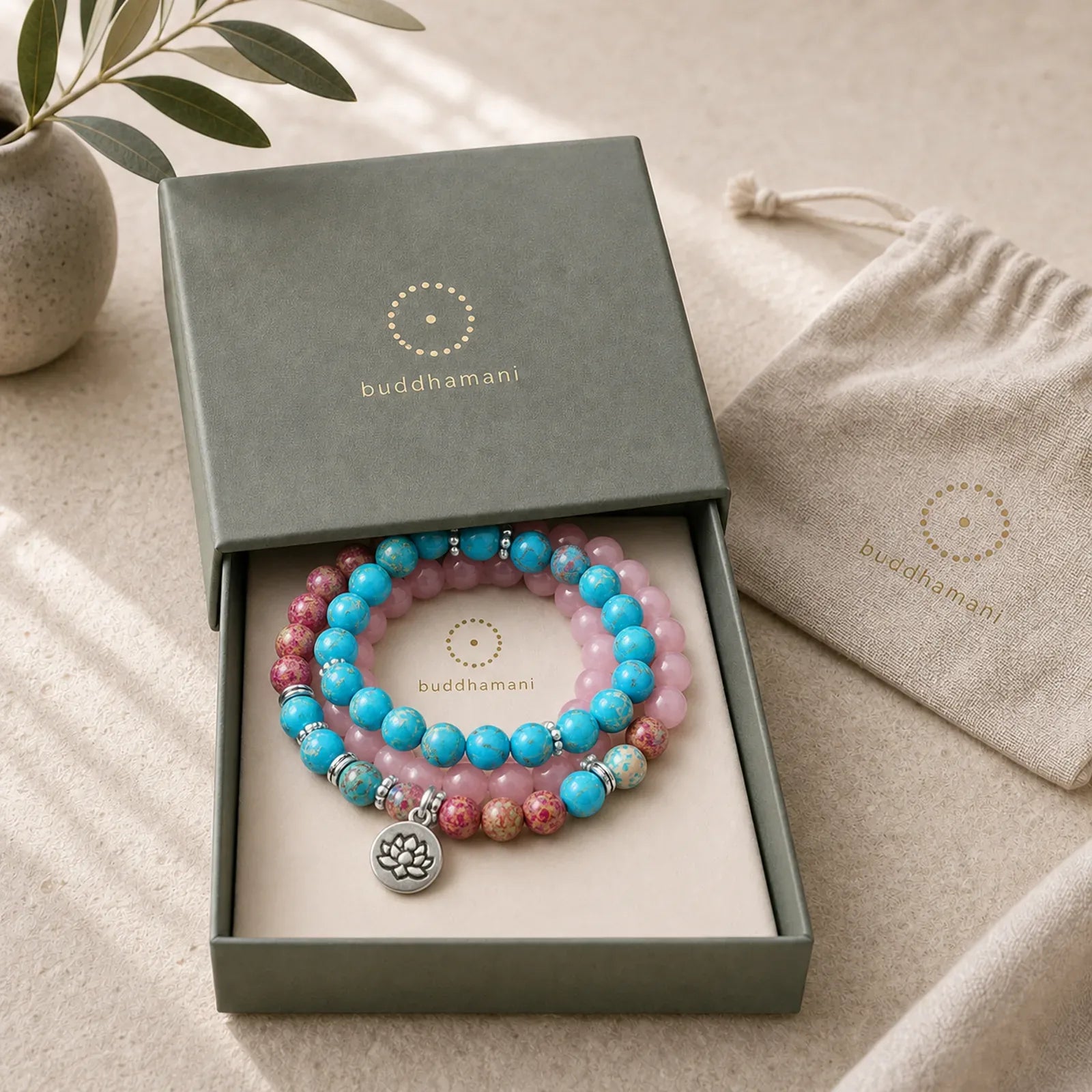 Tibetan Purple Miano Real Bead Harmony Lotus Mala featuring Miano Real, Lotus, Pink Crystal