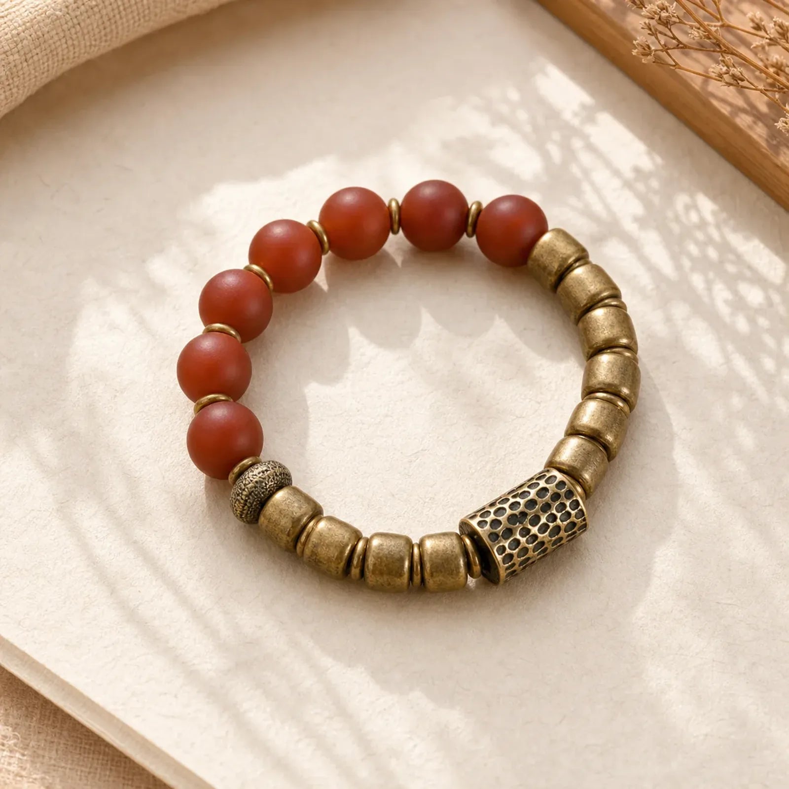 Tibetan Red Agate Green Agate Copper Confidence Fortune Bracelet featuring Red Agate, Green Agate, Copper