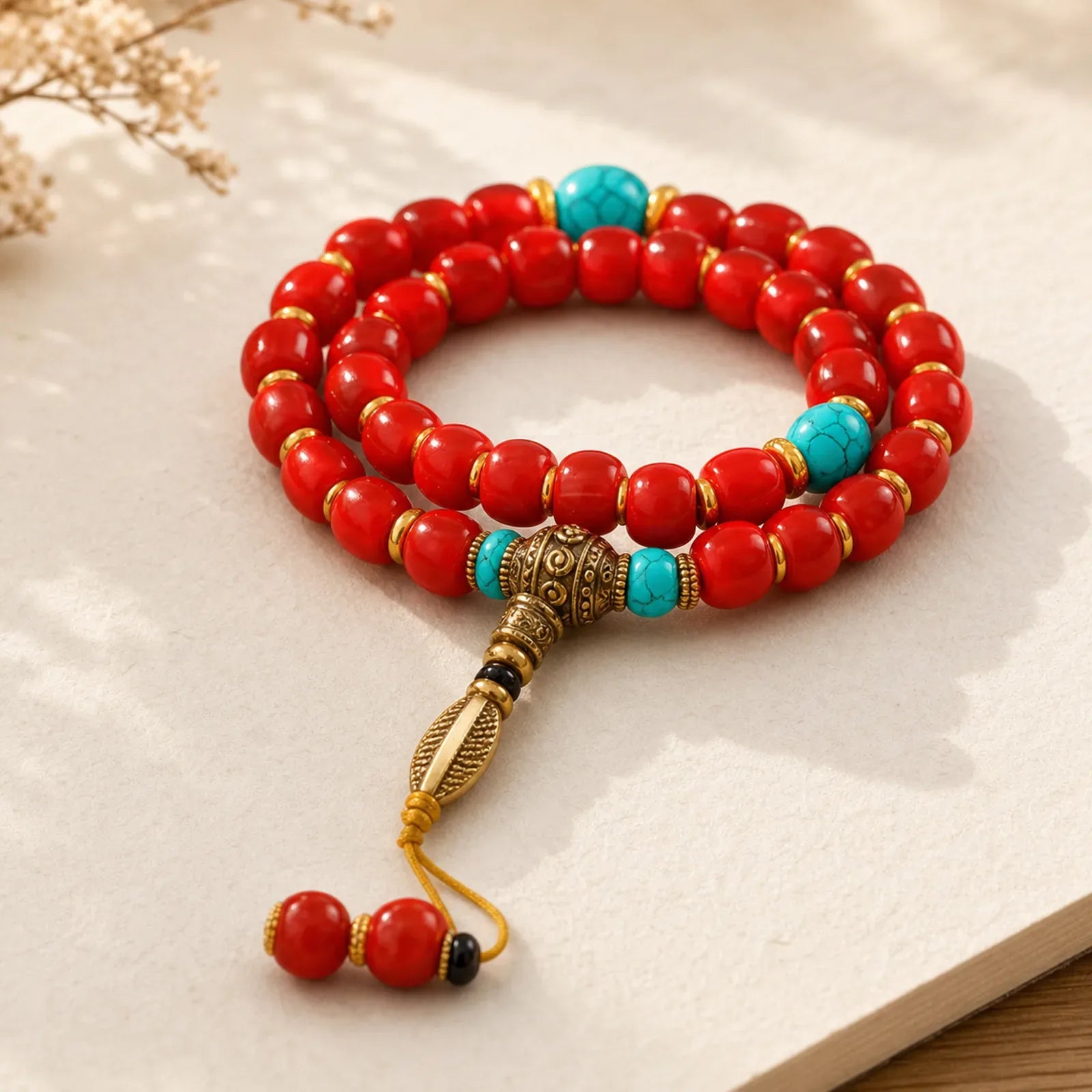 Tibetan Red Agate Turquoise Confidence Beaded Bracelet featuring Red Agate, Turquoise