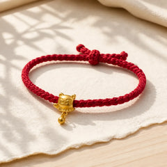 Tibetan Red String Copper Lucky Cat Drop Ball Pendant Hand-Woven Protection Bracelet featuring Red String, Copper
