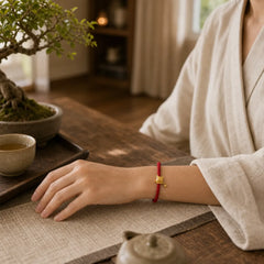 Tibetan Red String Copper Lucky Cat Drop Ball Pendant Hand-Woven Protection Bracelet featuring Red String, Copper