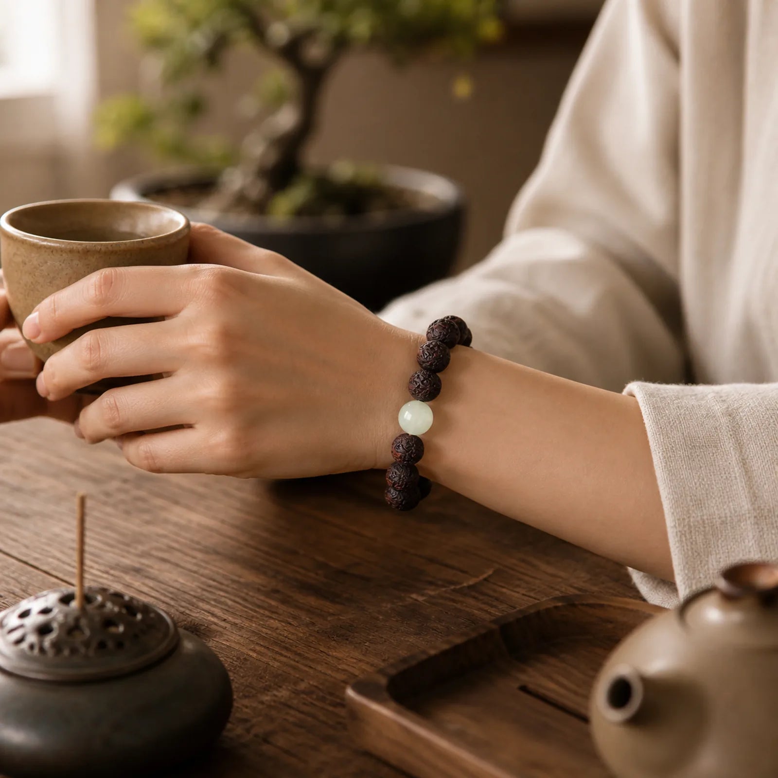 Tibetan Rosewood Engraving PiXiu Warmth Bracelet featuring Rosewood, Pixiu, Glowstone
