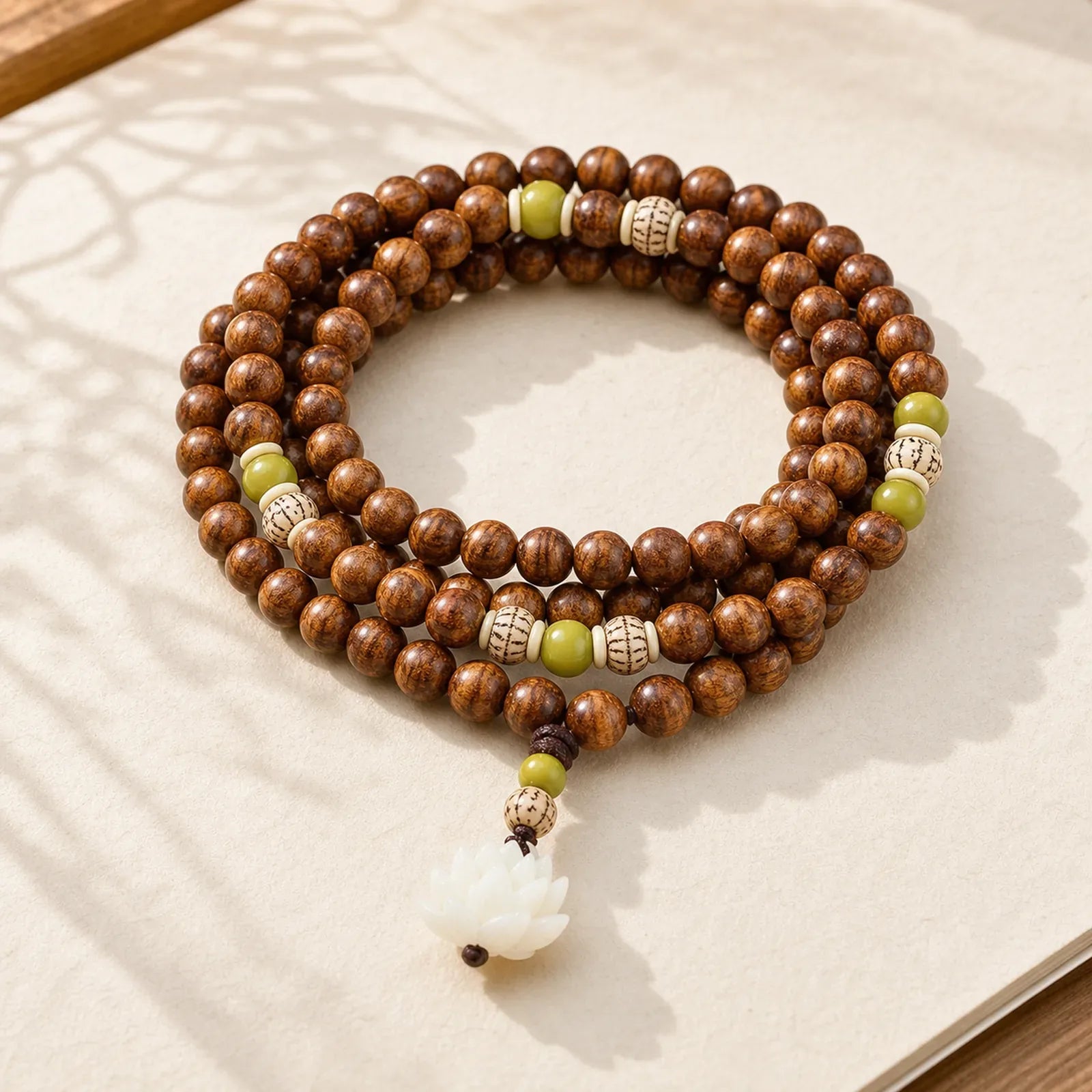 Tibetan Rosewood Lotus Mala Protection Calm Necklace Bracelet featuring Rosewood, Lotus, Lotus Symbol