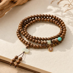 Tibetan Rosewood Protection Calm Bracelet Mala featuring Rosewood, Red Agate, Green Aventurine