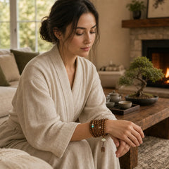 Tibetan Rosewood Protection Calm Bracelet Mala featuring Rosewood, Red Agate, Green Aventurine