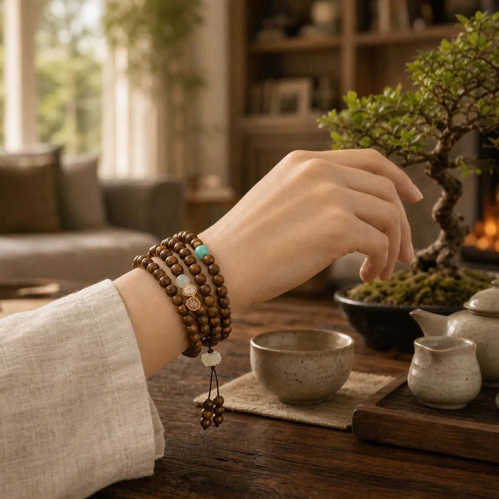 Tibetan Rosewood Protection Calm Bracelet Mala featuring Rosewood, Red Agate, Green Aventurine