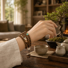 Tibetan Rosewood Protection Calm Bracelet Mala featuring Rosewood, Red Agate, Green Aventurine